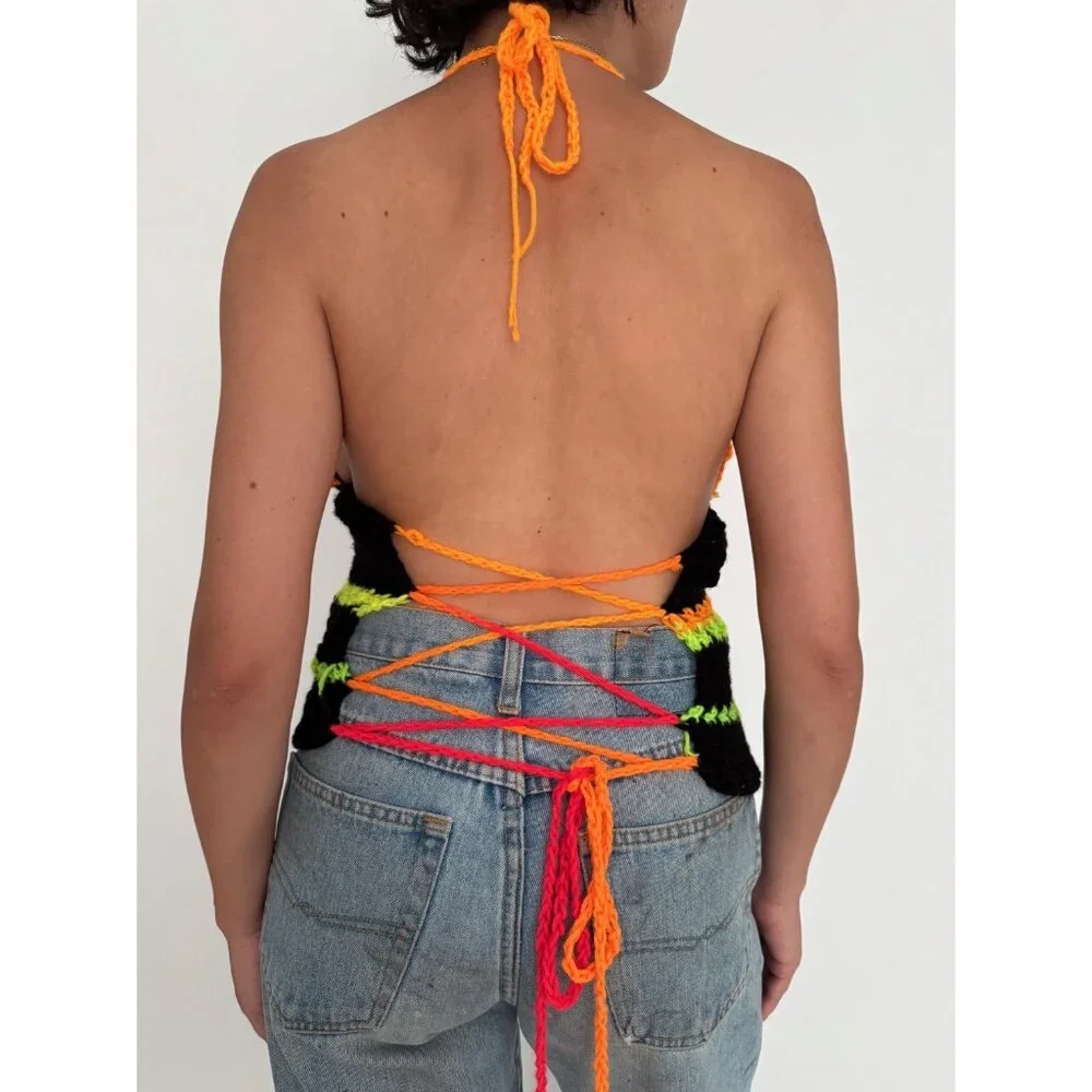 Vintage black colorful hand knit crochet festival backless halter tank crop top - Picture 9 of 10